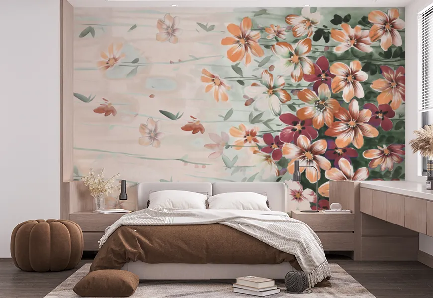 پوستر دیواری سه بعدی اتاق خواب عروس و داماد طرح گل در باد